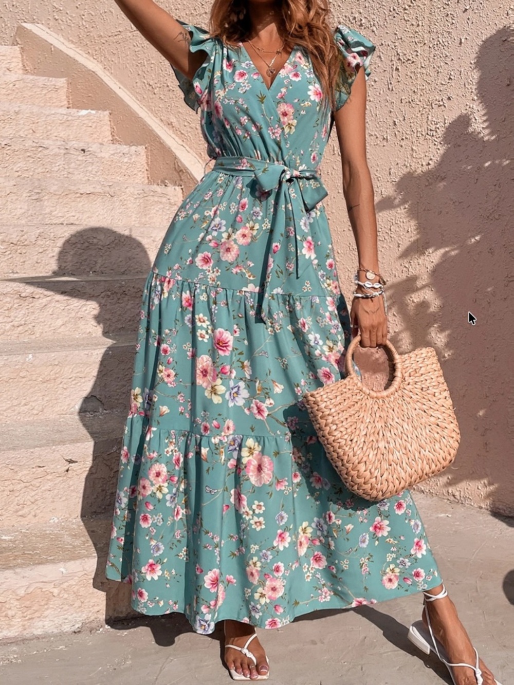 Boho Floral print V neck Ruffle cap sleeve maxi Dress - Picture 5 of 5